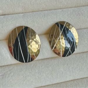 Vintage Hammered Gold & Black Modernist Statement Earrings